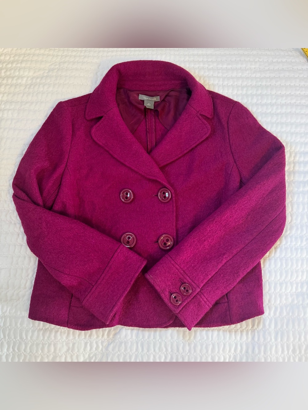 Ann Taylor Fuchsia Wool Blend Double Breasted Cropped Jacket Blazer Size 16
